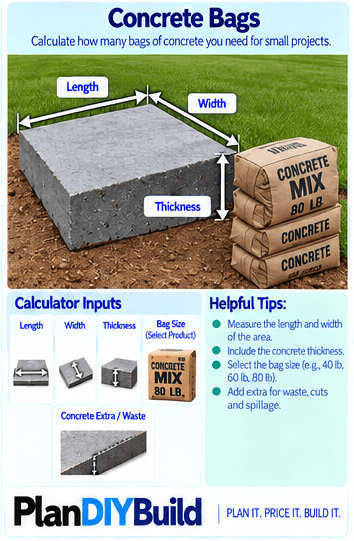 PlanDIYBuild concrete bags guide showing project length, project width, concrete thickness and extra or waste allowance