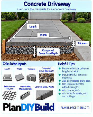 PlanDIYBuild concrete driveway guide showing driveway length, driveway width, concrete thickness and extra or waste allowance