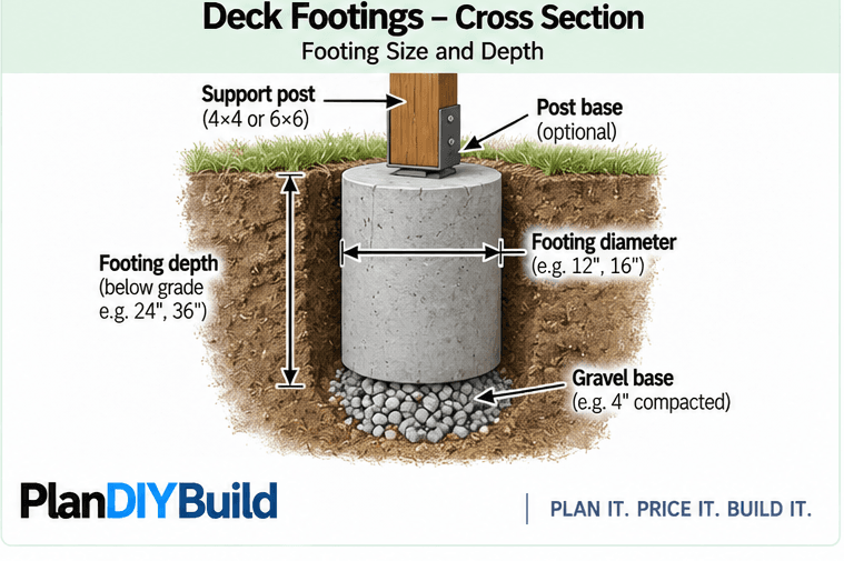 PlanDIYBuild deck footing cross-section showing footing diameter, footing depth, support post, post base and gravel base