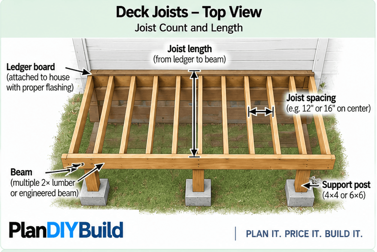 PlanDIYBuild deck joist top view showing deck width, joist spacing on center, joist length, ledger board, beam and support posts