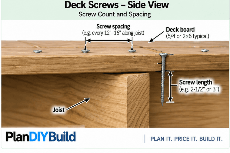PlanDIYBuild deck screw side view showing deck board, joist, screw placement, screw spacing and screw length