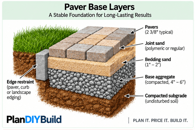 PlanDIYBuild paver base layers diagram showing pavers, joint sand, bedding sand, compacted base aggregate and compacted subgrade