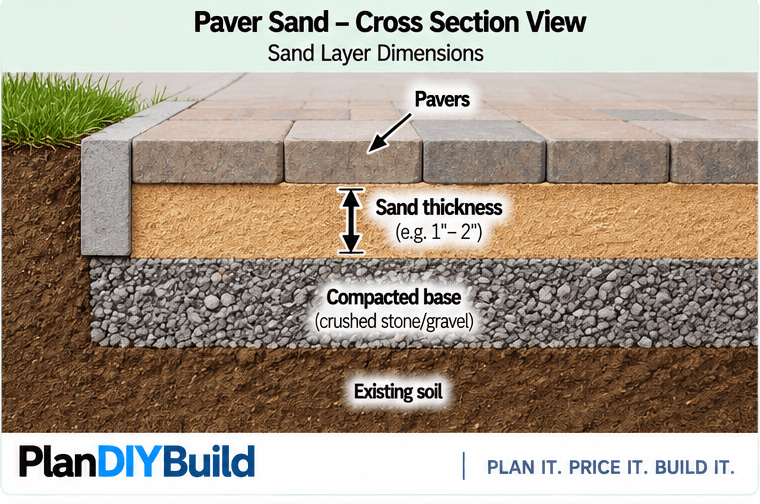PlanDIYBuild paver sand cross-section showing the paver layer, sand depth, compacted base and soil