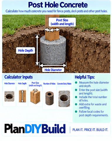 PlanDIYBuild post hole concrete guide showing hole diameter, hole depth, number of holes and extra or waste allowance
