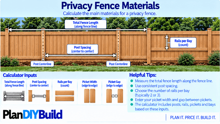 PlanDIYBuild privacy fence materials guide showing total fence length, center-to-center post spacing, rails per bay, picket width and picket gap