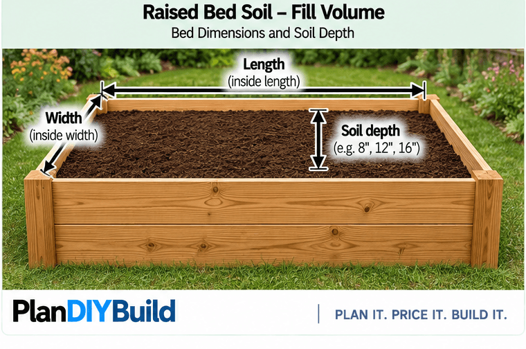 PlanDIYBuild raised garden bed diagram showing inside length, inside width and soil depth