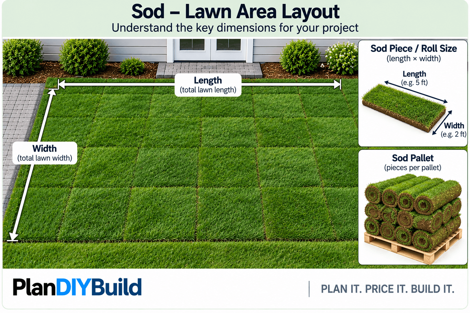 PlanDIYBuild sod layout diagram showing total lawn length and width, sod piece or roll size and sod pallet