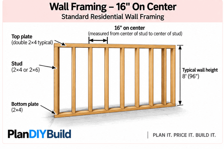 PlanDIYBuild wall framing diagram showing double top plate, studs at 16 inches on center, bottom plate and typical wall height