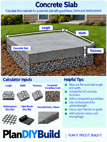 PlanDIYBuild concrete slab guide showing slab length, slab width, slab thickness and extra or waste allowance