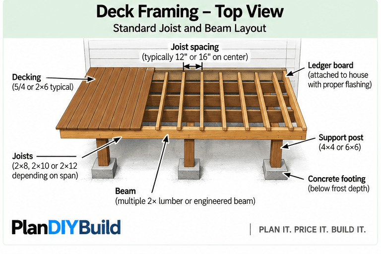 PlanDIYBuild deck framing top view showing decking, joists, beam, ledger board, support posts and concrete footings