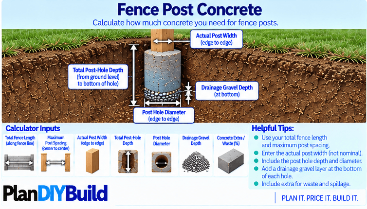 PlanDIYBuild fence post concrete guide showing total fence length, center-to-center maximum post spacing, actual post width, total post-hole depth, post-hole diameter, drainage gravel depth and concrete extra or waste